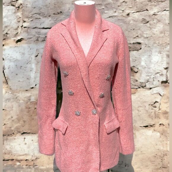 EXPRESS WOMENS SWEATER BLAZER DOUBLE BREASTED RHINESTONE EMBELLISHED PINK XS - Picture 3 of 7